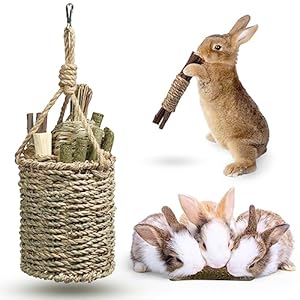 Rabbit Chew Toys,Natural Seagrass Hanging Basket with Sweet Bamboo,Timothy Hay,Water Plant Radish,Apple Sticks for Bunny Chinchillas Guinea Pigs Hamsters Rats Teeth Grinding
