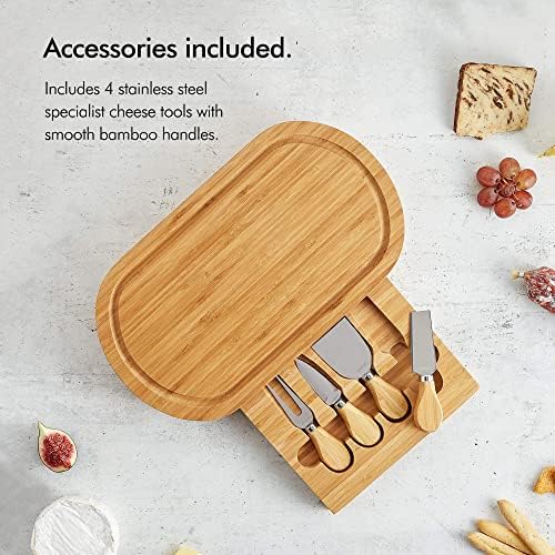 VonShef Wooden Cheese Board - Oval Natural Bamboo Cheese Board with Slide Out Storage Drawer - Includes 4 Cheese Knives