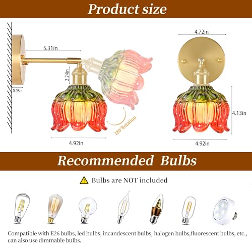 Image of Wireless Wall Sconce with Flower lampshade, Battery Operated Wall Lights,Wall lamp with 15 Colors for Bedroom Living Room Home Decor (Red, 2 Light Battery Operated)