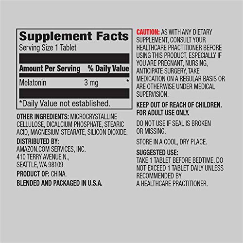 Image of Amazon Elements Melatonin, 3mg, Vegan, Unflavored, 260 Tablets, 8 Month Supply (Packaging May Vary) (Pack of 3)