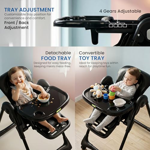 Image of BAYBEE High Chair for Baby 6 to 18 Months, 6-Level Height Adjustable Feeding Chair with Reclining Backrest, Foldable Frame, 5-Point Safety Harness, Double Removable Tray, Footrest & Lockable Wheels (Black)