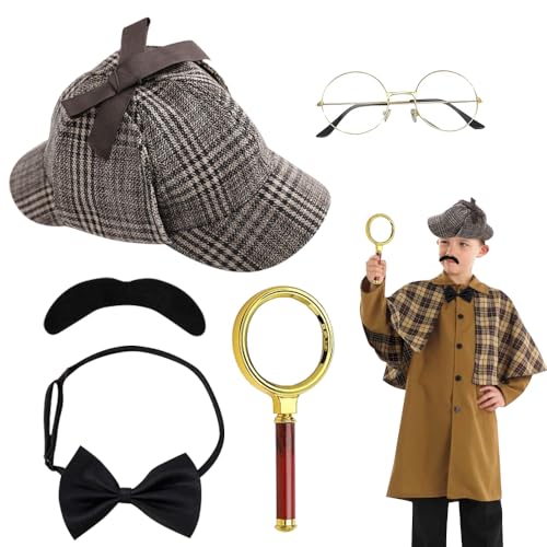 Acessórios de disfarce de detetive, 5 peças acessórios para disfarce de Sherlock Holmes, acessórios de detetive vitoriano com chapéu detetive, lupa para adultos cosplay festa carnaval Natal