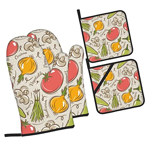 Vegetable Fruit Print Oven Mitts Potholders Set Heat Resistant Oven Mitts Gloves Potholder For Cooking Grilling (4-Piece Set) #TOP1