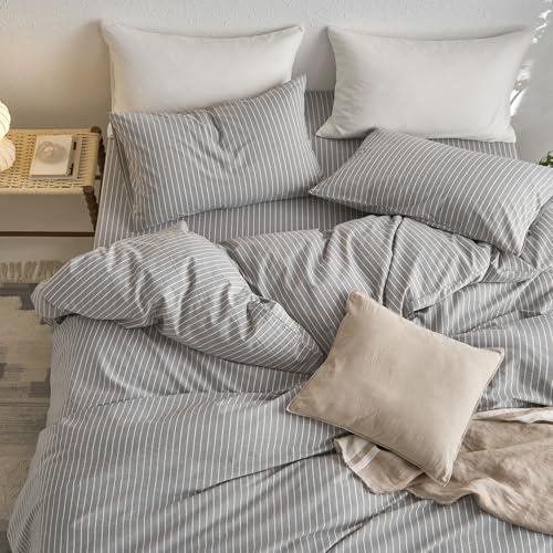 Image of MooMee Striped Duvet Cover Set 100% Washed Cotton Linen Like Queen | Relaxed Linen-like Texture. Soft, Breathable & Long-lasting Comfort. Lightweight. Hidden Zipper with 8 Interior Corner Ties