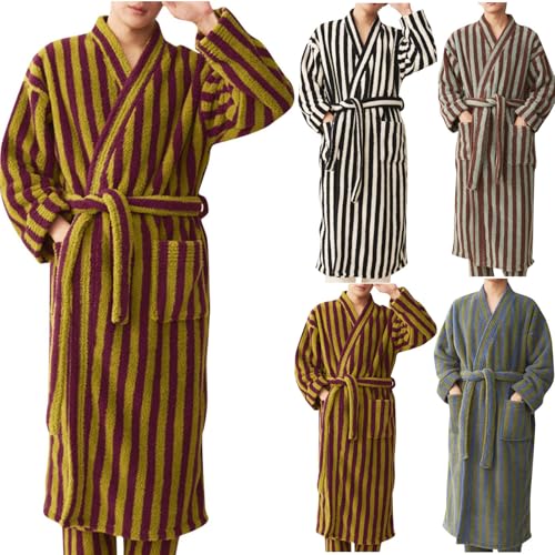 Cambkatl Men's Striped Fleece Robe, Fashion Colorblock Plush Bathrobe, Warm Winter Comfy Fuzzy Lounge Sleepwear2