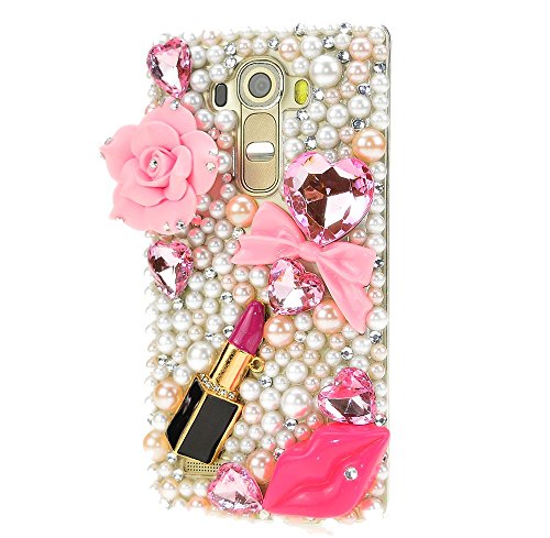 STENES Bling Phone Case Compatible with LG Optimus Zone 3 Case - Luxurious Crystal 3D Handmade Sparkle Diamond Rhinestone Clear Cover - Big Rose Flowers Sexy Lips Lipstick/Pink