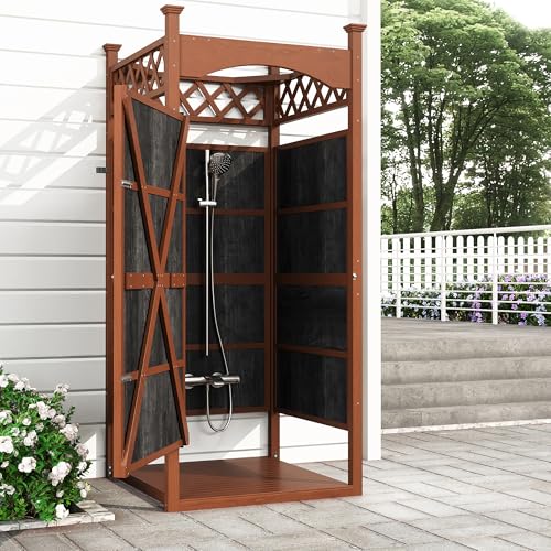 Outdoor Shower Enclosure with Shower Mat & Lockable Door, Solid Wood Privacy Outside Shower Stall, Outdoor Changing Room for Pool Wash Station, Patio or Beach Rinse Station - Thumbnail 7