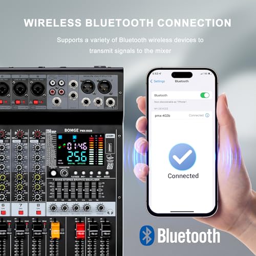 Image of BOMGE Powered Mixer 8 Channel -2x400W Amplifier r w /USB Drive for PC Recording - XLR Mic Input - 48V Power - 7-Band EQ - RCA I /O -256 DSP Processor for Professional & Beginners
