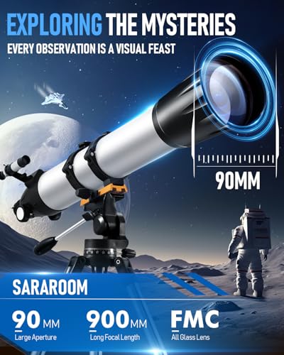 Image of Sararoom Telescope for Adults High Powered, 90mm Aperture 900MM Refractor Telescope for Kids & Beginners, Portable Travel Telescope with Stainless Tripod, Phone Adapter, Wireless Remote