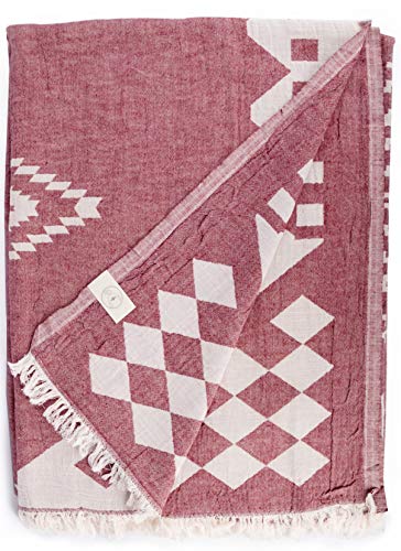 Bersuse 100% Algodón - Bahamas XXL Manta Toalla Turca - Multiusos Colcha de Cama, Funda de Sofa - Fouta para Baño y Playa, Diseño Azteca, Doble Capa - Oeko-Tex - 190 x 230 cm, Borgoña