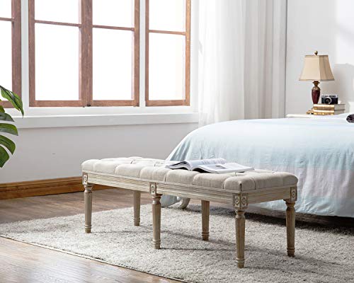 Kmax Upholstered Entryway Bench, Rustic Ottoman Bench With Carved Pattern & Rustic White Brushed Rubber Wood Legs, Beige #TOP3