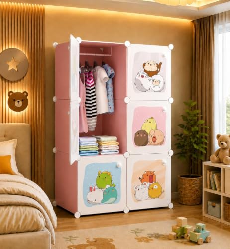 Image of Foldable Plastic Wardrobe for Clothes - Baby Cupboard for Clothes Storage, Wardrobe for Kids, Plastic Almirah, Collapsible Wardrobe for Kids Livingroom & Home (KTQ1-Pink )