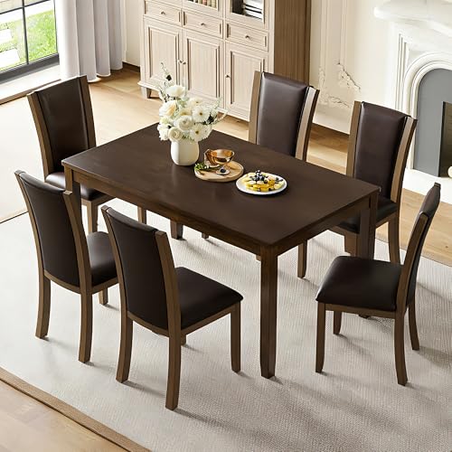 Image of KEIKI 7-Piece Standard Height Dining Table Set with Rectangular Table, 6 Upholstered Chair, for 6 Person, Farmhouse Rustic Style Table Set, Easy Assembly, for Kitchen, Dining Room, Dark Walnut