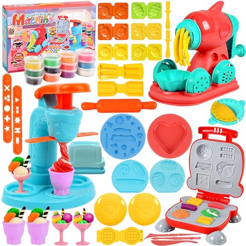Snarflun 51 Juego de Plastilina Juguetes Accesorios Cocina Creaciones Juego, Herramientas Plastilina para Niños con 12 Cajas Arcilla Helados Máquina,Pastelera,Hamburguesa Regalo di 3+ años