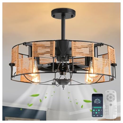 Ganeed Ventiladores de Techo con Luces Estilo Industrial Casa de Campo 49cm Candelabros Boho Ratán Enjaulado Lámpara Colgante E27 con Mando a Distancia Negro 4 Luces