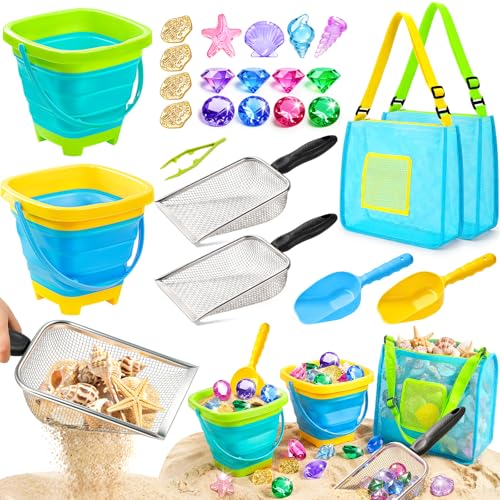 DISHIO Beach Toys for Kids, 25 Pcs Metal Sand Sifter & Collapsible Beach Buckets Set, Stainless Steel Sand Shovel, Sandcastle Building Kit with Mesh...