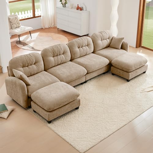 Image of KEIKI 140 inch U-Shaped Oversized Chenille Modular Sectional Sofa with 2 Ottoman, High-Density Foam Cushions, Tufted Pleated Cushion Backrest, Modern 4-Seater Couch with 2 Pillow, for Living Room, Camel