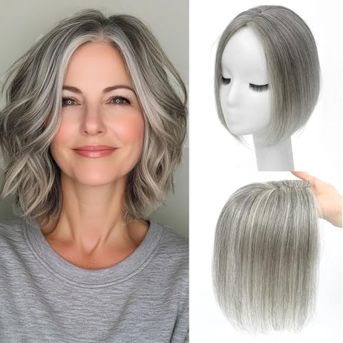 SARO-UP Hair Toppers for Women Real Human Hair Toppers for Women 3 * 4.5 Inch Hand-Tied Swiss Lace Base Topper No Bangs 10inch Hairpieces for Thinning Hair (Mixed Light Grey)