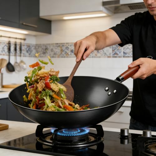 Wok de acero al carbono con mango de madera 11.8 x 5.1 in miniatura 3