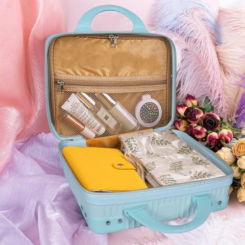 Image of Portable Hard Shell Cosmetic Bag Travel Case, Small Travel Hand Luggage with Elastic Band, Mini Abs Carrying Makeup Case Suitcase (B-Sky)