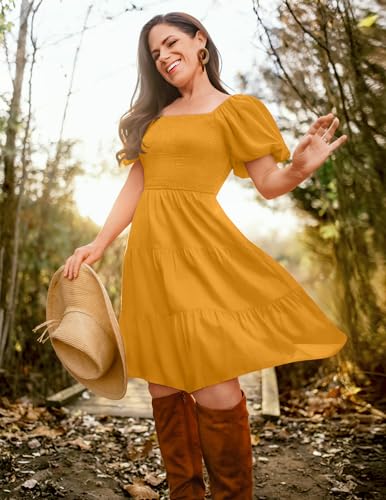 Image of ZESICA Women's Boho 2026 Summer Square Neck Puff Sleeve Off Shoulder Smocked Tiered Casual A Line Short Mini Dress
