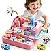 KIZONLY Car Race Track for Kids Ages 4-8, Kids Car Toys for 3 Year Old Boys, Race Track for Toddlers 3-5, City Set with 3 Small Cars and Helicopter, Educational Birthday Gifts (Pink)