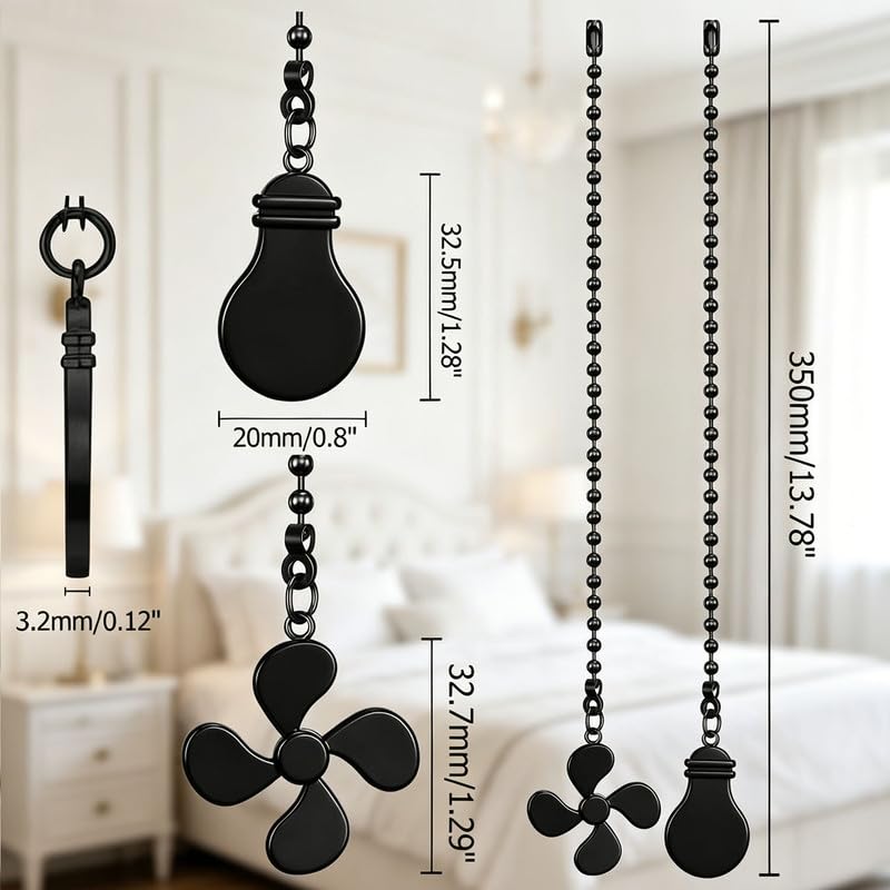Image of 4pcs Ceiling Fan Chain Extender Light Pull Chain Set, 12 Inch Ornaments Extension Chains with Decorative Light Bulb and Fan Cord for Ceiling Light Lamp Fan Chain,Black and Silver