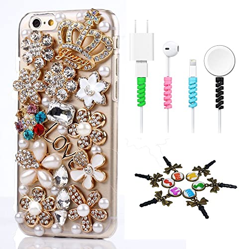 STENES Bling Case Compatible with iPhone 13 Case - Stylish - 3D Handmade [Sparkle Series] Crown Flowers Design Cover with Cable Protector [4 Pack] - Gold