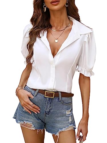 Vrtige Women's Button Down Collar V Neck Ruffle Puff Short Sleeve Blouse Shirt Top4