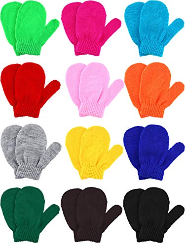 Boao 12 Pairs Toddler Mittens Bulk Kids Winter Knit Gloves pack Childrens Stretch Mittens for Toddler Boys Girls(1-3t Purple Pink White Yellow Camel)