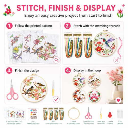 Image of Zhenqing 4 Bird Circle Cross Stitch Kit 11CT Pre-Printed Floral Bird Embroidery Kit with 20cm Hoop, Flamingo Hummingbird Songbirds DIY Beginner Craft Home Wall Decor Gift