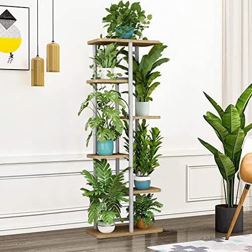 Image of LINZINAR Plant Stand 6 Tier 7 Potted Multiple Flower Pot Holder Shelf Indoor Outdoor Planter Display Shelving for Patio Garden Corner Balcony Living Room (6 Tier-7 Potted, White)