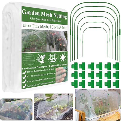 Garden Netting Kit for Raised Beds 10x30FT with 6 Hoops