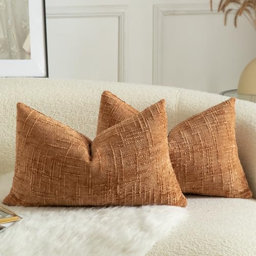 Image of Mandioo Pack of 2 Solid Decorative Soft Chenille Burnt Orange Cushion Covers 30x50cm 12x20 Inch Lumbar Accent Solid Throw Pillow Case Soft Cozy Luxury Pillow Covers for Sofa Couch Bedroom