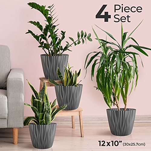 Mueller Austria Plant And Flower Pot 4/1 Set, Heavy Duty 12 Inch European Made Stylish Indoor/Outdoor Decorative Planter, For All House Plants, Flowers, Herbs, Grey #TOP2