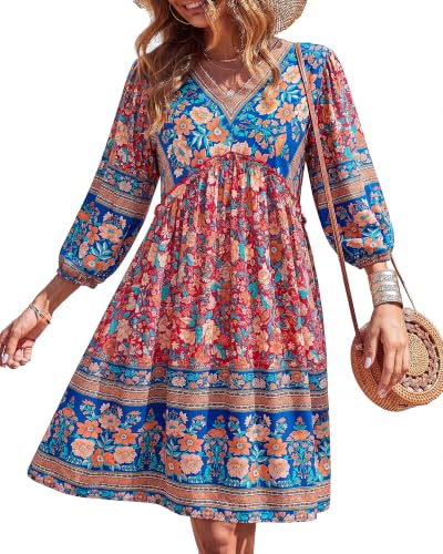 Image of BTFBM Women Casual Spring Summer Dresses V Neck 3 /4 Long Sleeve Ruffle Floral Flowy Boho Babydoll Mini Short Beach Dress