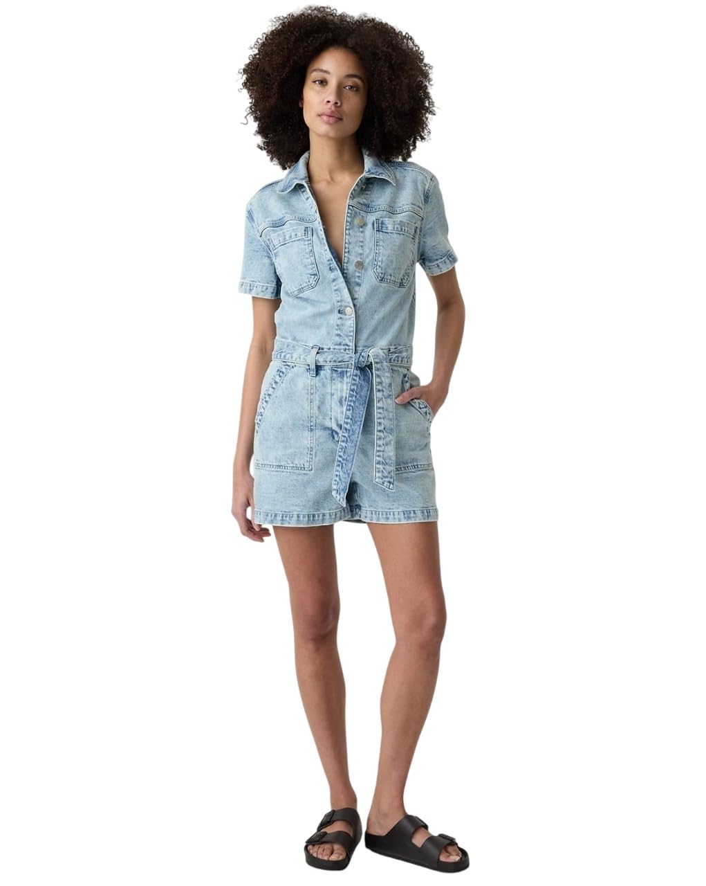 gap Chambray Washed Denim Puff-Sleeves Rompers, Light Blue, 8-picture-10