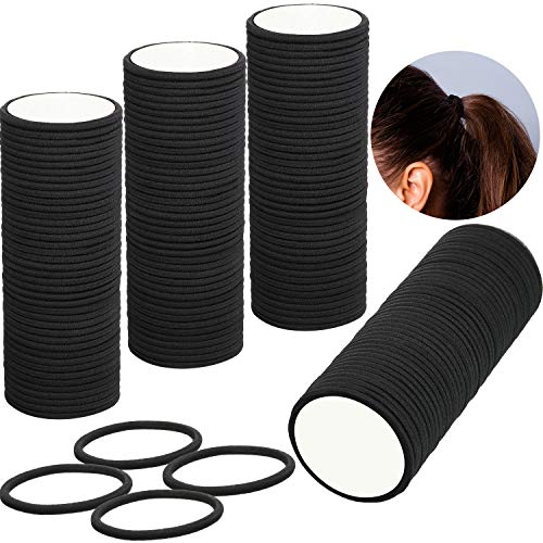 300 Count Black Elastics Hair Ties No Metal Hair Bands Seamless Ponytail Holders No Crease Elastic Hair Rope for Thick Heavy Curly Hair, 4 mm