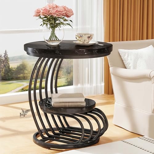 Image of MELVON End Table /Side Table with Black Marble Look Engineered Wood Top & Black Metal Frame, 2 Tier Storage for Living Room, Bedroom & Bedside | Full Black