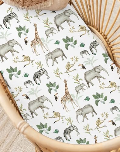 Image of Bassinet Sheets for Baby Girls Boys 2 Pack, Fitted Baby Mattress Sheet for Rectangle, Oval, Hourglass Bassinet Mattress, Breathable Cozy & Universal Fit (Jungle Journey, Bassinet Sheet)