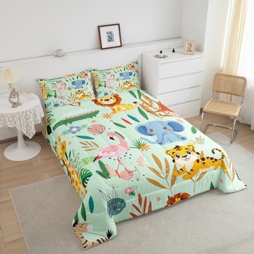 Image of Feelyou Nursery Cute Wild Animals Kids Bedding Set Twin Size for Girls Boys Child Cartoon Lion Giraffe Elephant Comforter Decor Nature Wildlife Comforter Set Zoo Animal Theme Duvet Quilt Set