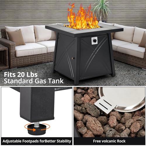 28 Inch Gas Fire Pit Table, Outdoor Propane Fire Pit Table with Steel Lid & Volcanic Rock, Square Firepit Adjustable Footpads for Gatherings Parties on Patio Deck Garden Backyard