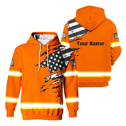 HiVis Custom Safety Hoodie - Scratch Orange Neon With US Flag - Customize Name High Visibility for Men - Reflective Construction Workwear for Runners, Trucker, Operator - Patriotic S-2XL