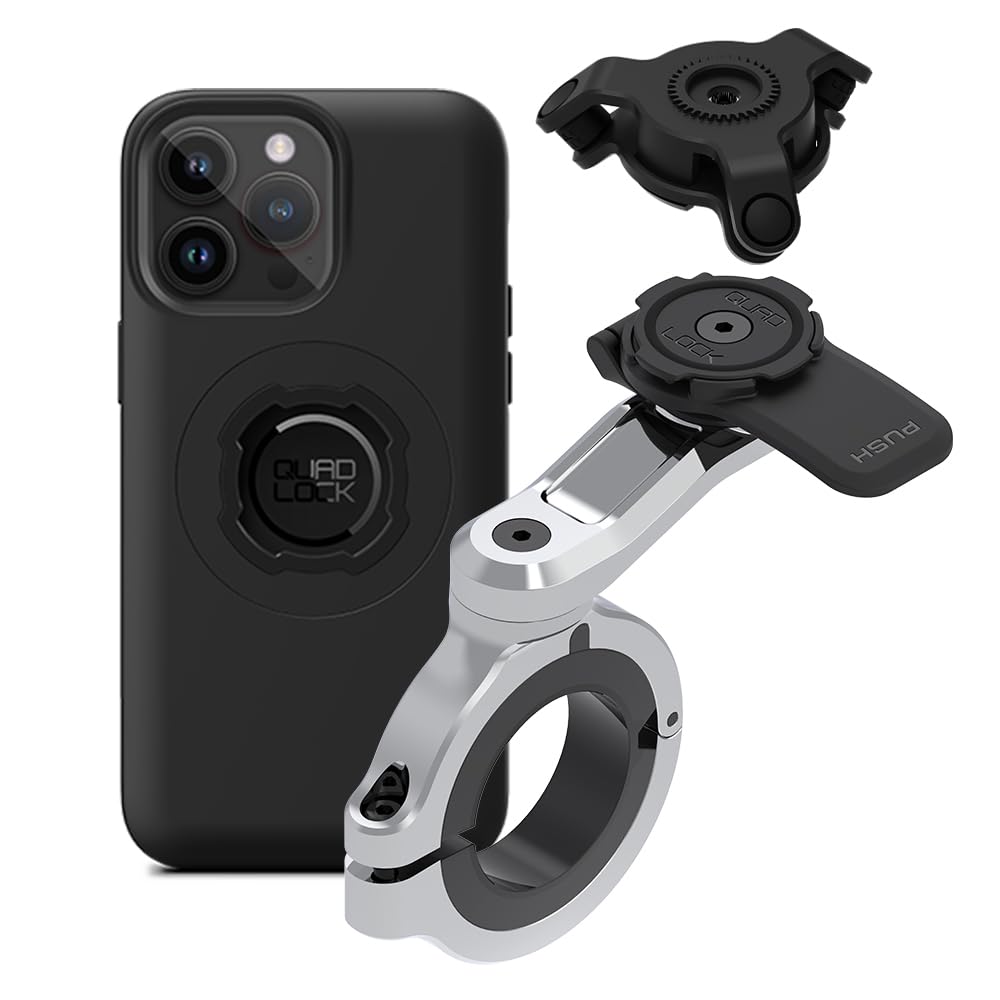 Quad Lock Motorcycle Handlebar Phone Mount PRO Chrome - Large with Vibration Dampener and MAG Phone Case for iPhone 14 Pro Max