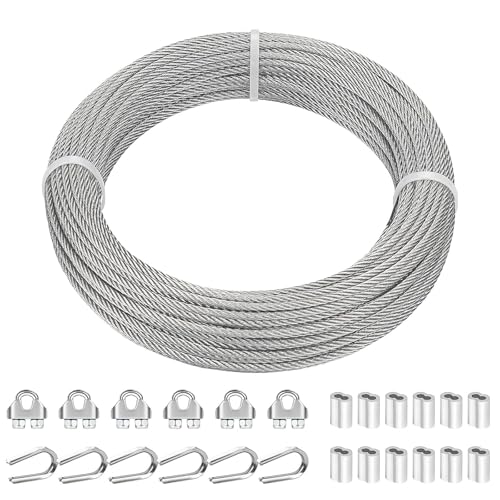 TooTaci 3mm Edelstahl Drahtseil Set, 30M Stahlseil mit Drahtseilklemme & Crimphülsen, Perfekt für Rankgitter, Zaunbefestigung, Beleuchtung &...