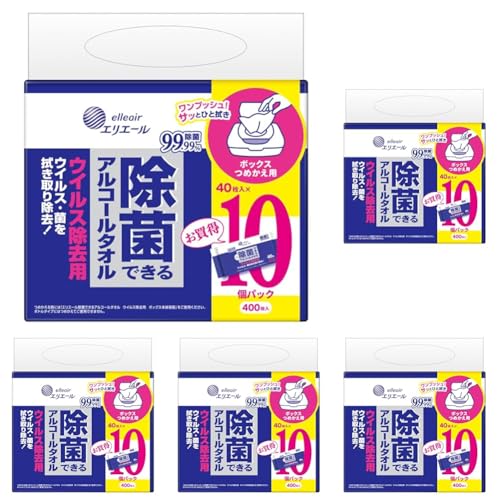 エリエール 除菌できるアルコールタオル ウイルス除去用 ウェットティッシュ ボックス つめかえ 400枚(40枚×10パック) アルコールタイプ まとめ買い (× 5)