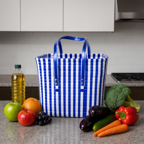 Image of Hand Made Multipurpose Plastic Basket with Lid | Eco-Friendly, Washable, Rust-Free Storage Basket for Kitchen, Picnic, Toys, Travel, Office | Lightweight basket (White with Blue, L)