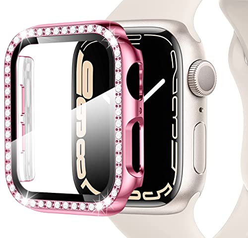 Miimall Bling Case Compatible for Apple Watch Series 8/7 45mm, PC Case with Tempered Glass Screen Protector&Crystal Diamonds
