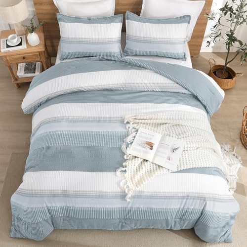 Litanika Light Blue Comforter Full Size Set, 3 Pieces Bedding Set, Blue White Colorblock Stripe (79x90In Comforter & 2 Pillowcases)