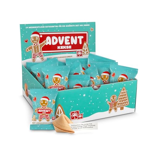 Glückskekse Weihnachten Adventskalender Füllung 24+1 Glückskekse für Adventskalender zum Befüllen, mit Lebkuchengeschmack, im Display, Nikolaus Geschenk, Wichteln Geschenk, Geschenkverpackung